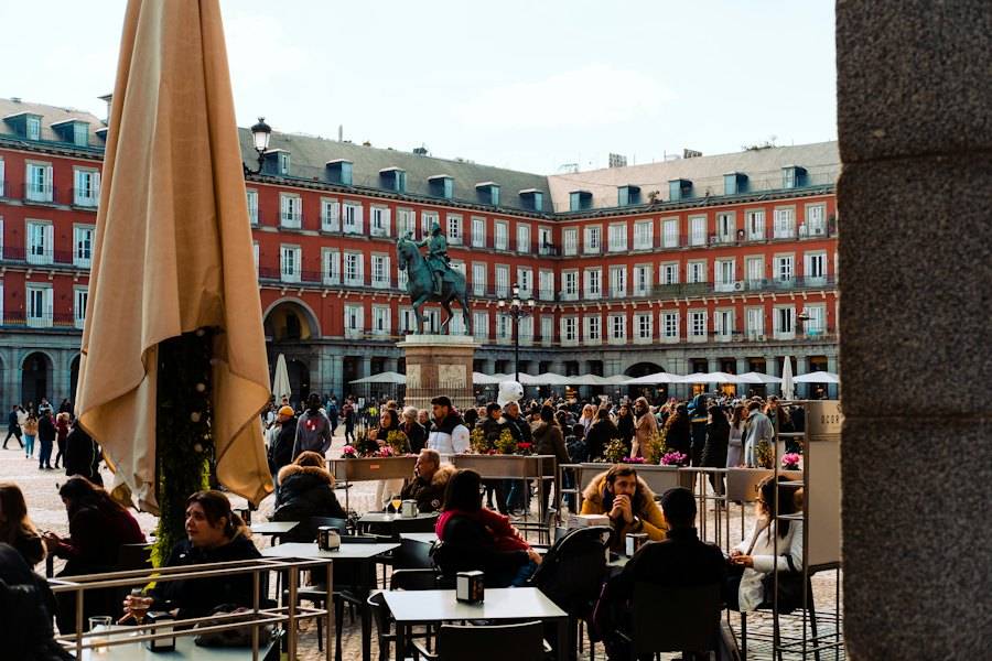 Outdoor café terraces in Plaza Mayor, Madrid