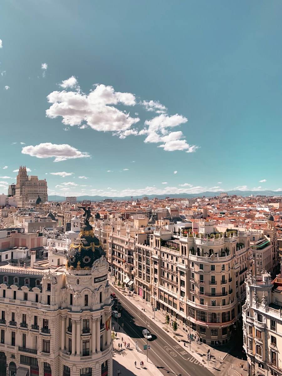 Aerial view of Gran Vía and the Metropolis building in Madrid